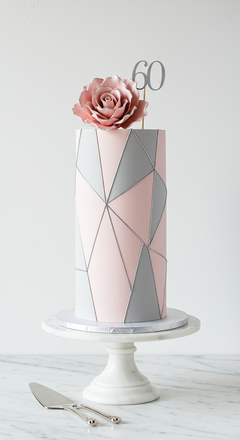 Hohe, schmale Torte mit rosa-grauem geometrischem Muster und großer Zuckerrose.