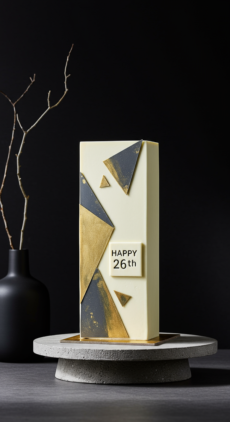 Hohe, weiße Torte mit goldenen und grauen geometrischen Akzenten.