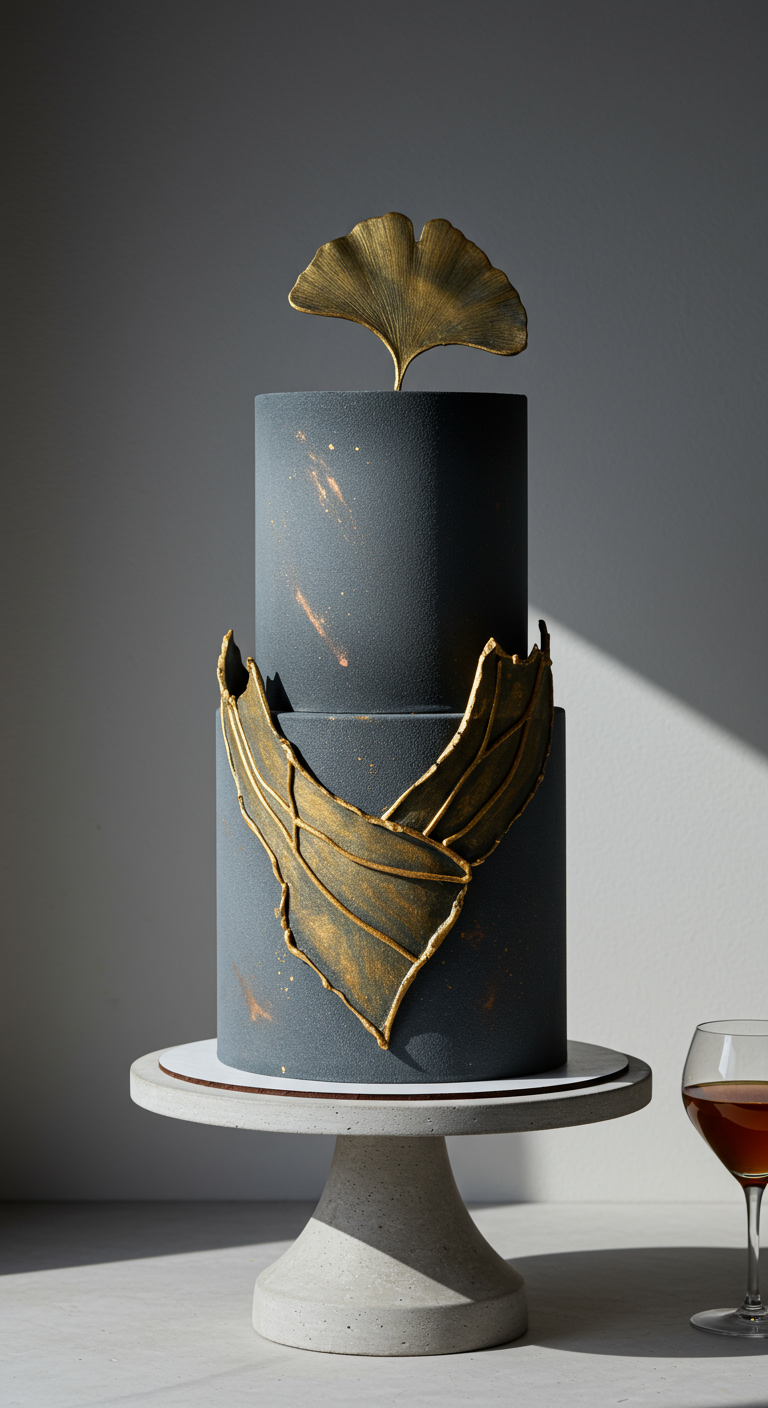 Zweistöckige dunkelgraue Torte mit goldenem Ginkgoblatt-Dekor.