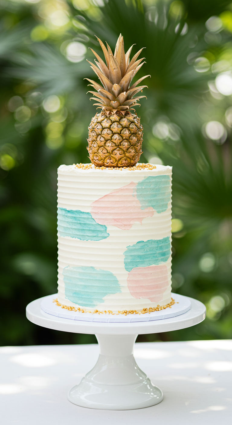 Weiße Buttercreme-Torte mit Pastell-Akzenten und goldener Ananas als Topper.