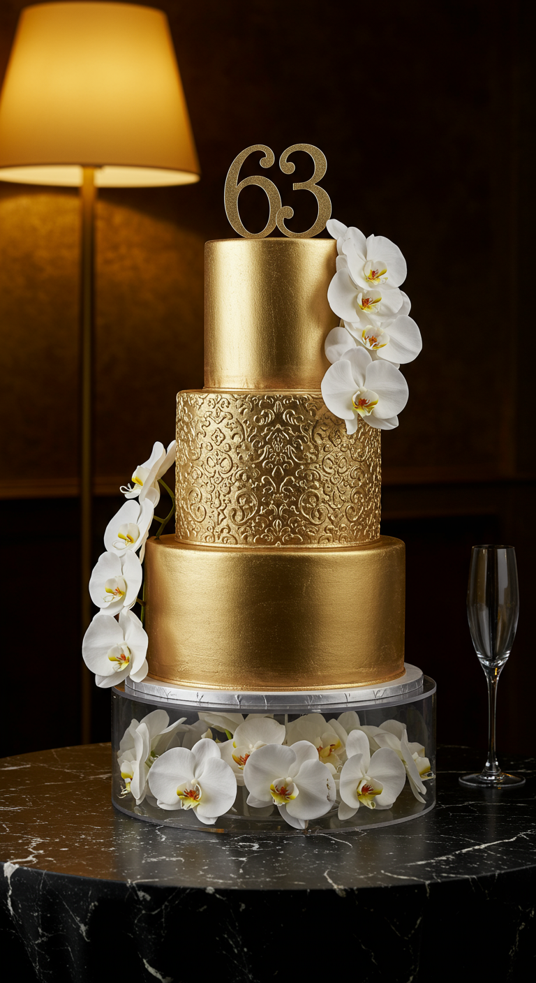 Dreistöckige goldene Geburtstagstorte mit weißen Orchideen und geprägtem Muster.
