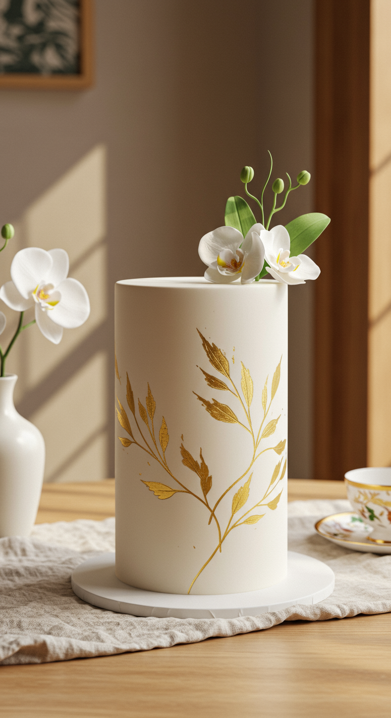 Hohe weiße Torte mit feinen goldenen Zweigen und weißen Orchideen.