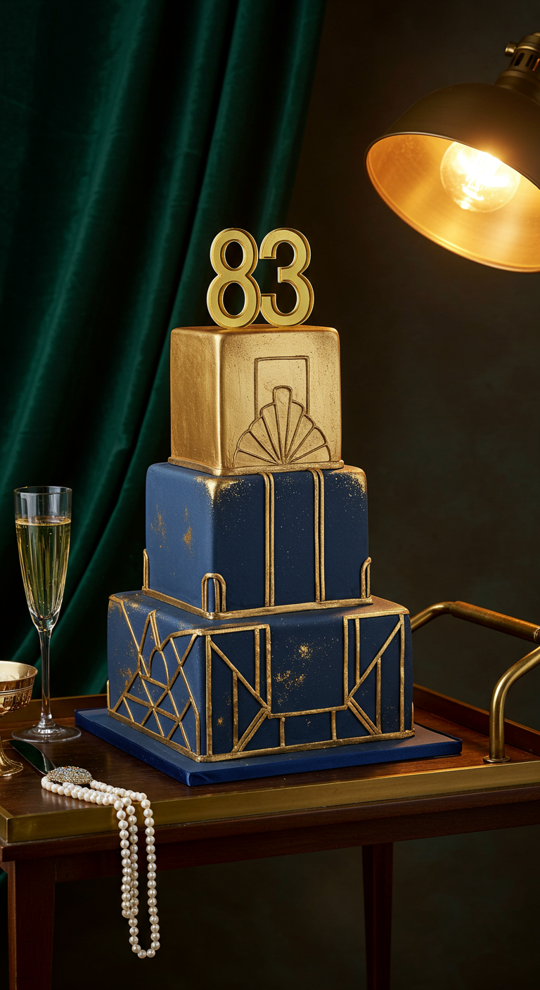 Dunkelblaue, eckige Art-Déco-Torte mit goldenen geometrischen Linien und Zahl 83.