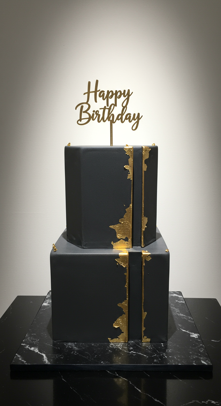 Schwarze zweistöckige sechseckige Torte mit Blattgold-Akzenten.