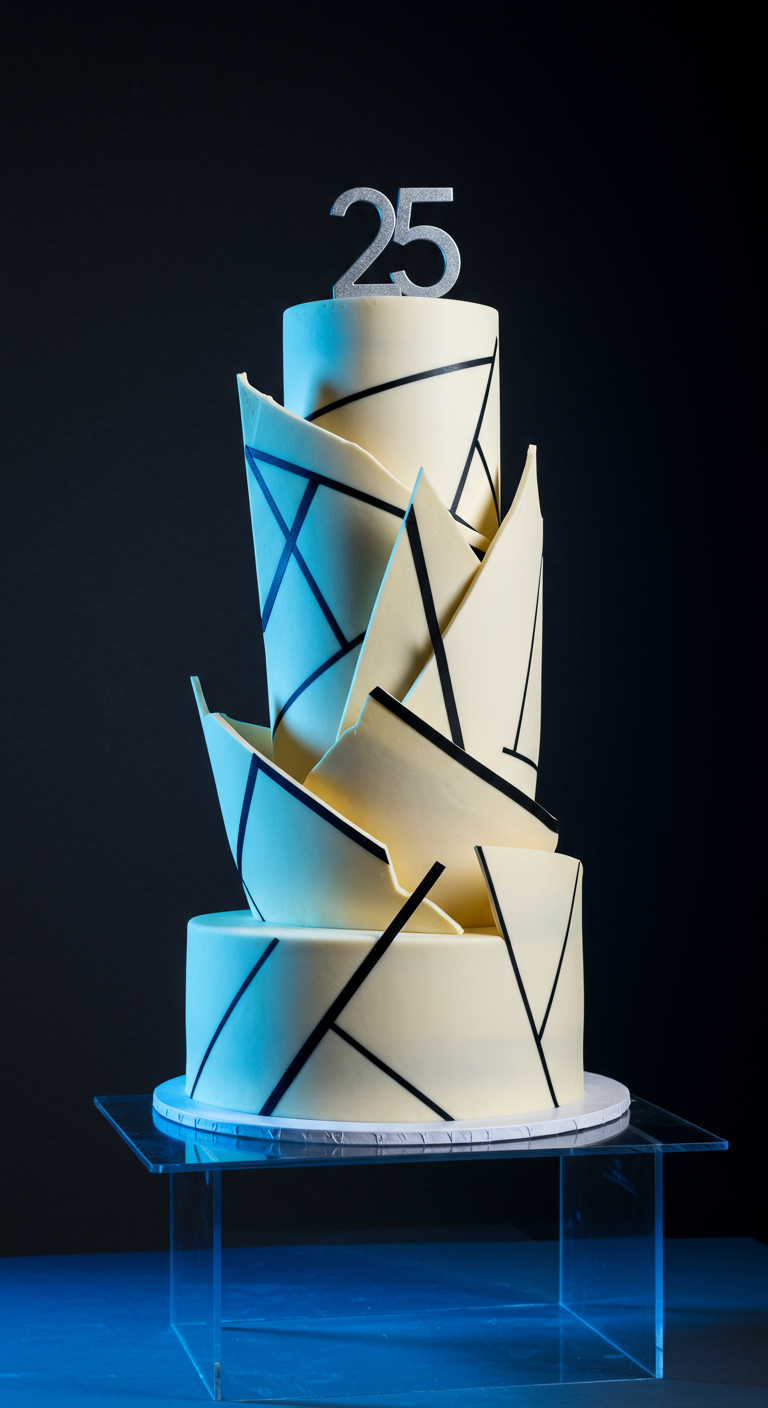 Moderne mehrstöckige weiße Torte mit schwarzen Linien und silberner „25“.