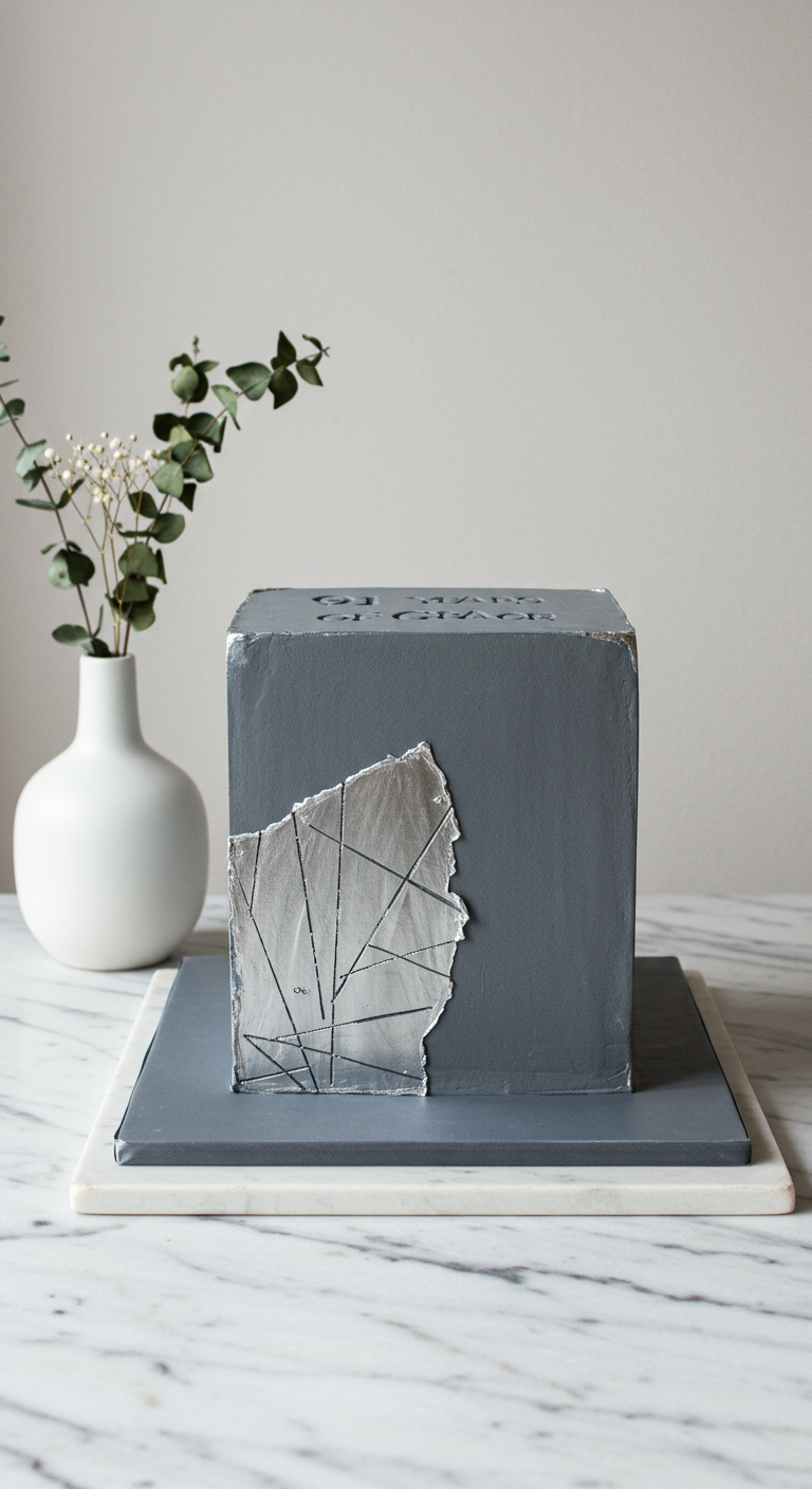 Graue quadratische Torte mit abstraktem Silberblatt-Design.