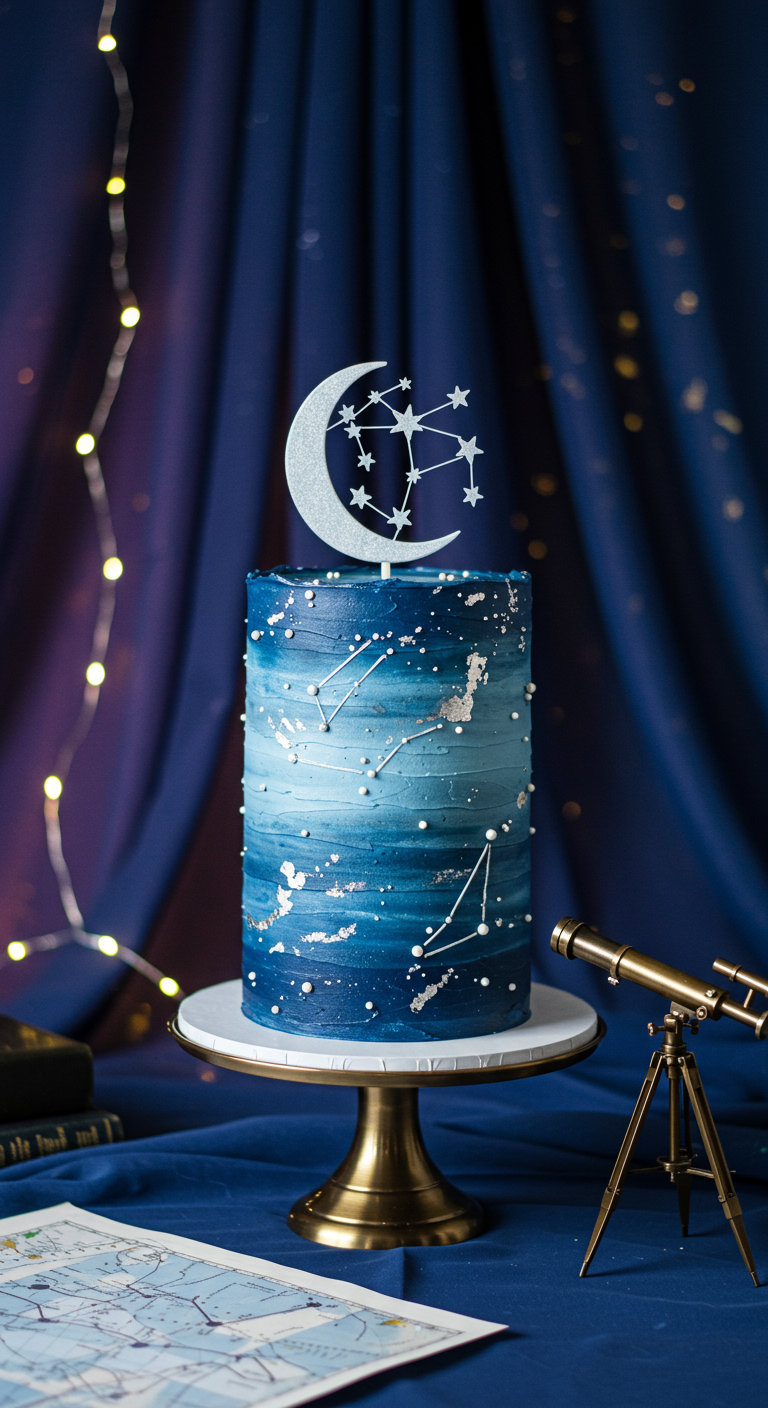 Dunkelblaue Galaxie-Torte mit silbernen Sternbildern und Mond-Topper.