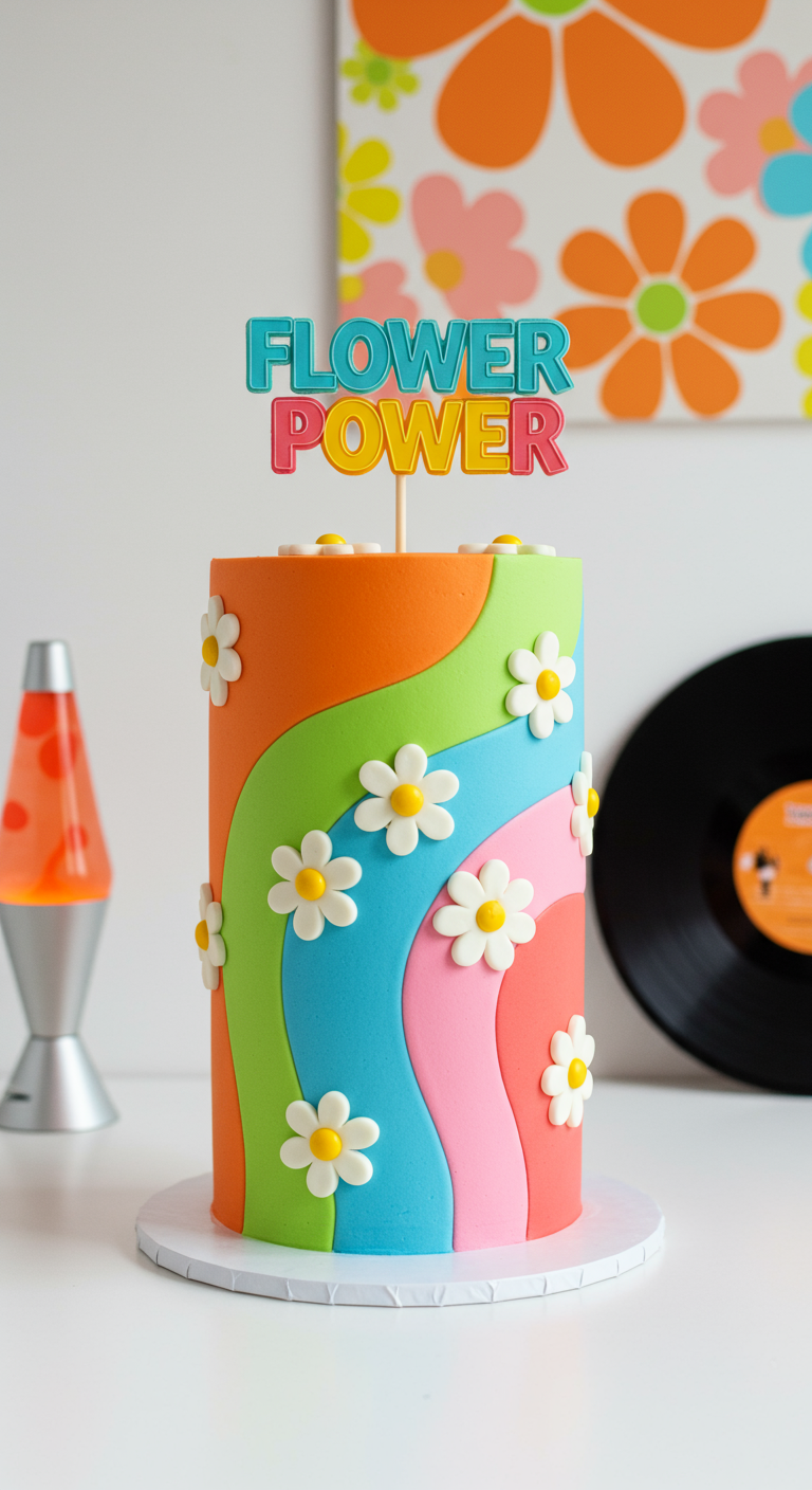 Hohe Torte mit bunten Wellen und Gänseblümchen, Flower Power Topper.