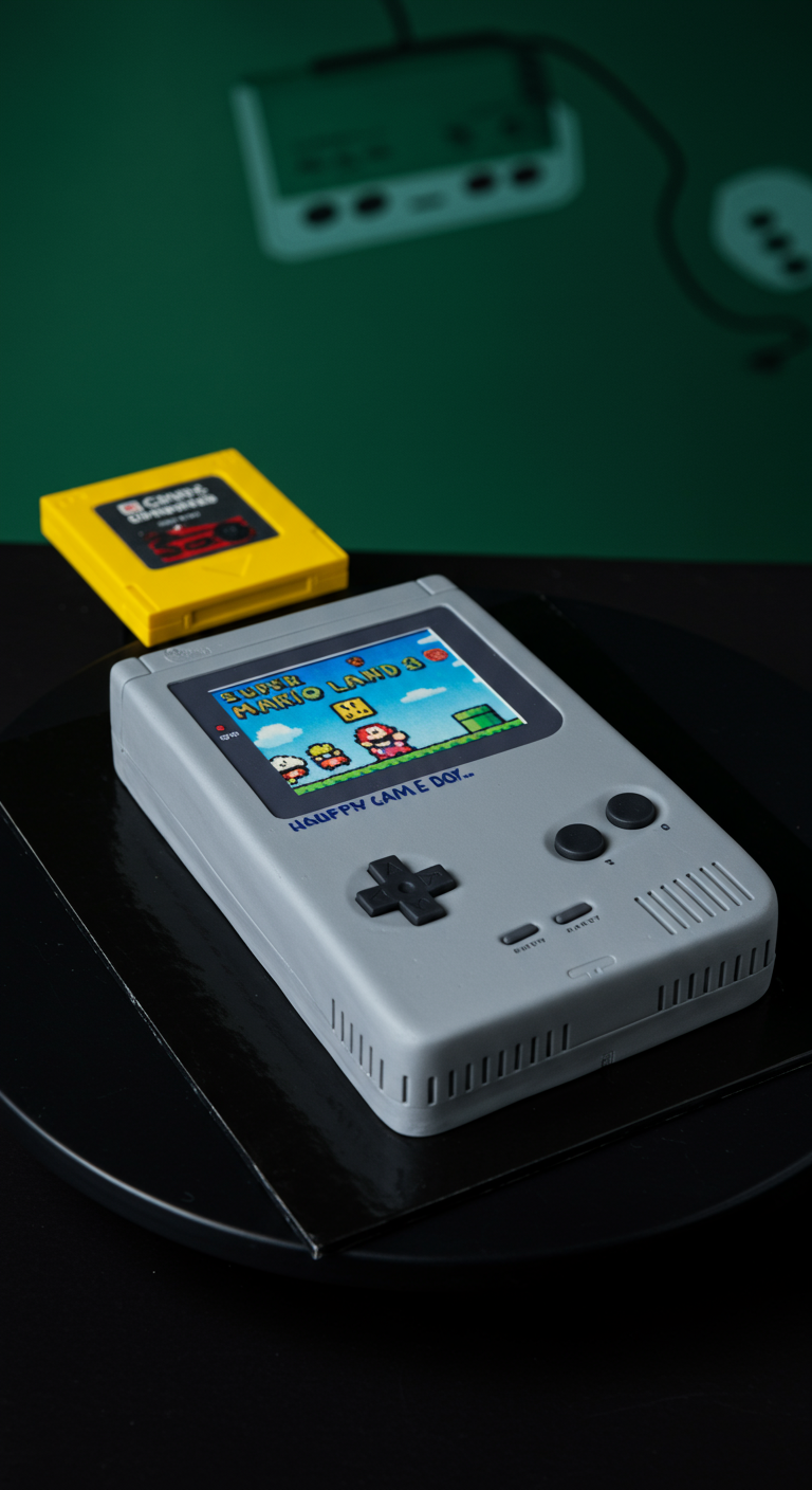 Graue Gameboy-Torte mit Super Mario Bildschirm und gelber Spielkassette