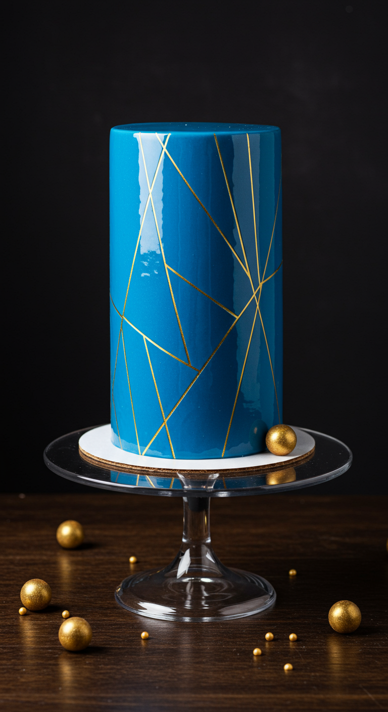 Hohe, glänzend blaue Torte mit abstrakten goldenen Linien und Goldkugeln.