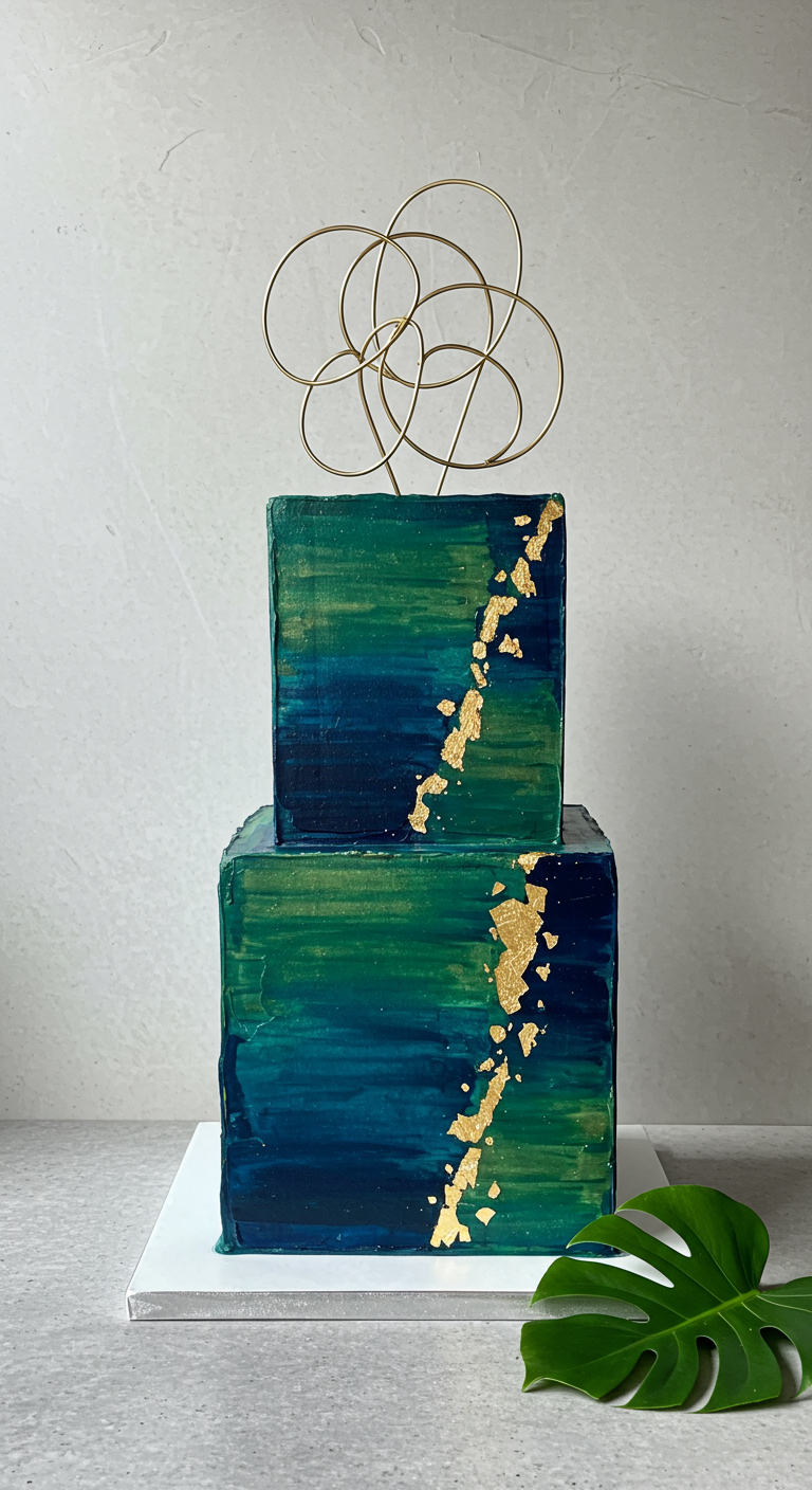 Zweistöckige quadratische Torte in Grün-Blau-Tönen mit Goldakzenten und abstraktem Gold-Topper.