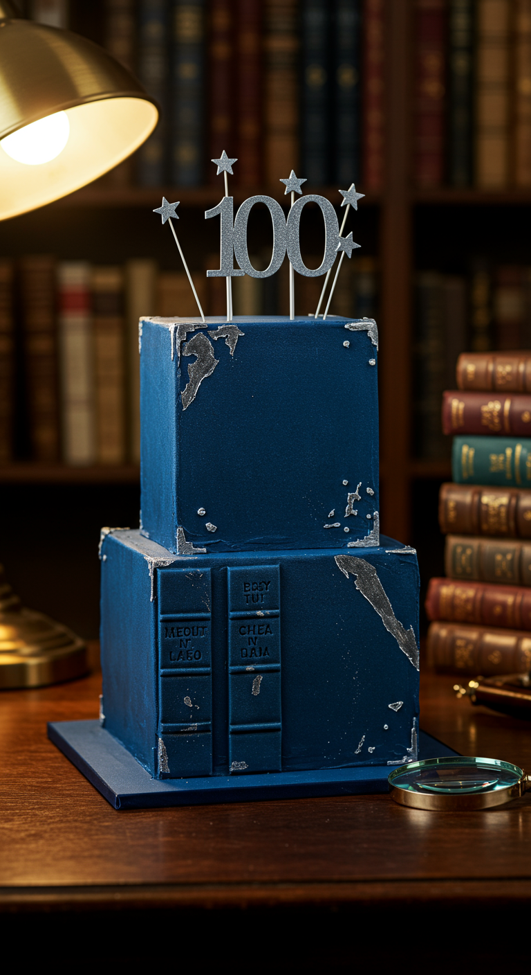 Dunkelblaue zweistöckige quadratische Torte als Bücherstapel mit silberner '100'.