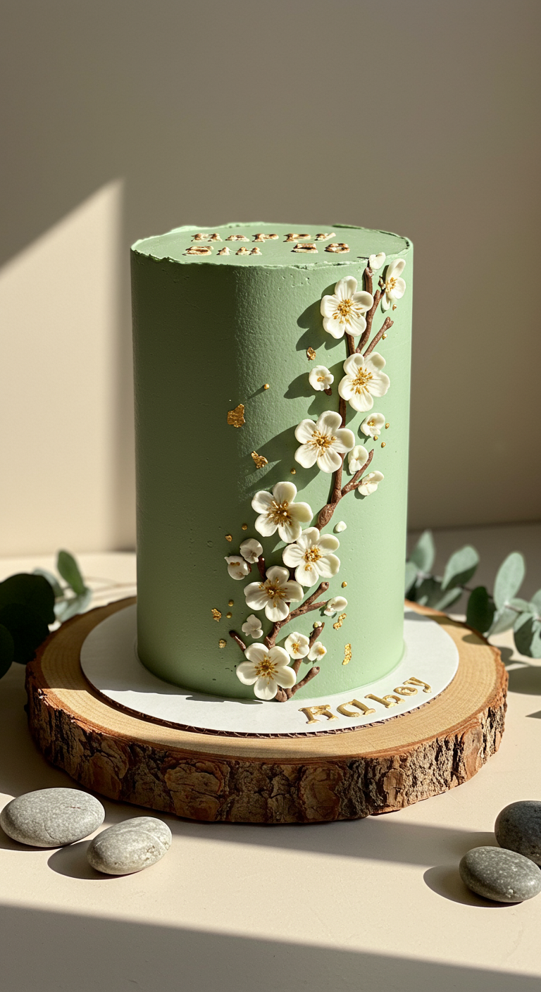 Hohe, mintgrüne Torte mit aufgemalten Kirschblütenzweigen und goldenen Akzenten.