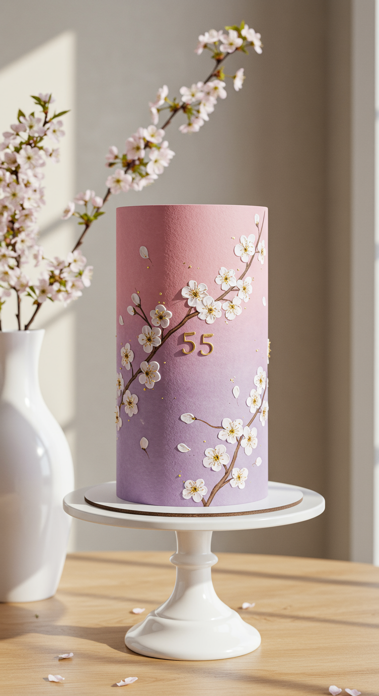 Hohe Torte mit rosa-lila Farbverlauf, Kirschblüten und goldener Zahl 55.