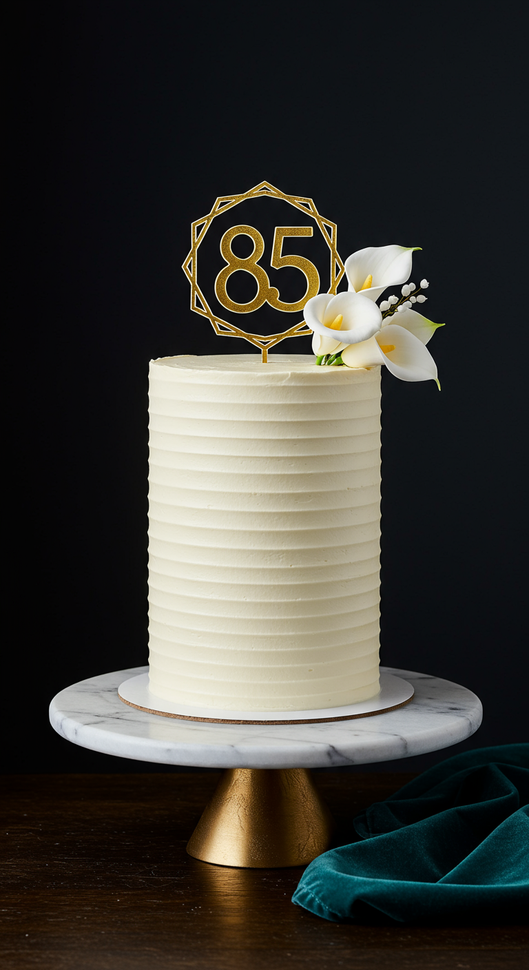 Hohe weiße Torte mit horizontalen Rillen, goldenem 85-Topper und weißen Calla-Lilien.