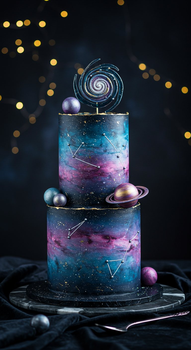 Zweistöckige Galaxy-Torte in Blau-Lila mit Sternen, Planeten und Spiral-Topper.