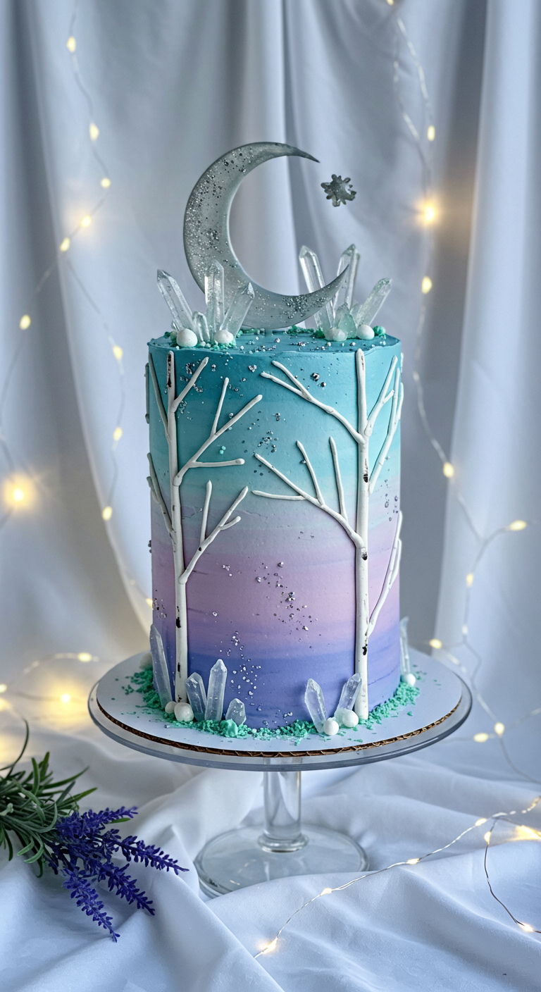Hohe Torte in Blau-Lila-Farbverlauf mit Mond-Topper und Kristallzucker-Deko.