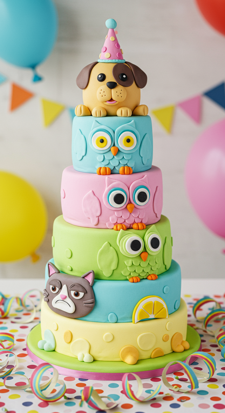 Bunte Torte mit Fondant-Tierfiguren: Hund, Eulen, Katze.