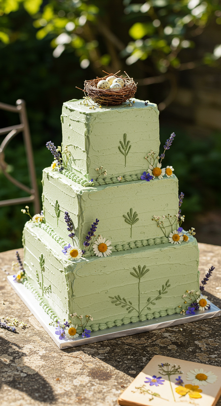 Dreistöckige, quadratische, grüne Torte mit Wildblumen und Vogelnest-Topper.