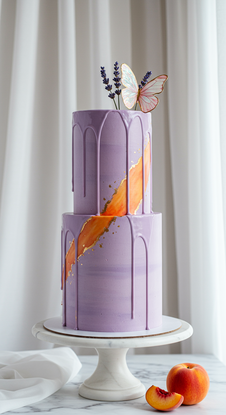 Zweistöckige lila Torte mit Drip, Goldakzent und Schmetterling.