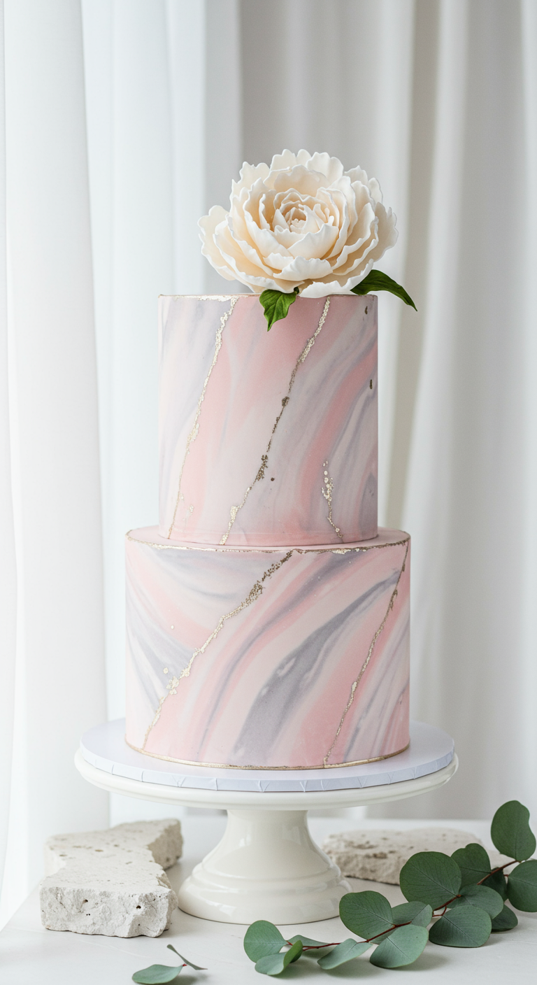 Zweistöckige Pastell-Marmor-Torte mit rosa, grauen Wirbeln, Goldakzenten und weißer Pfingstrose.