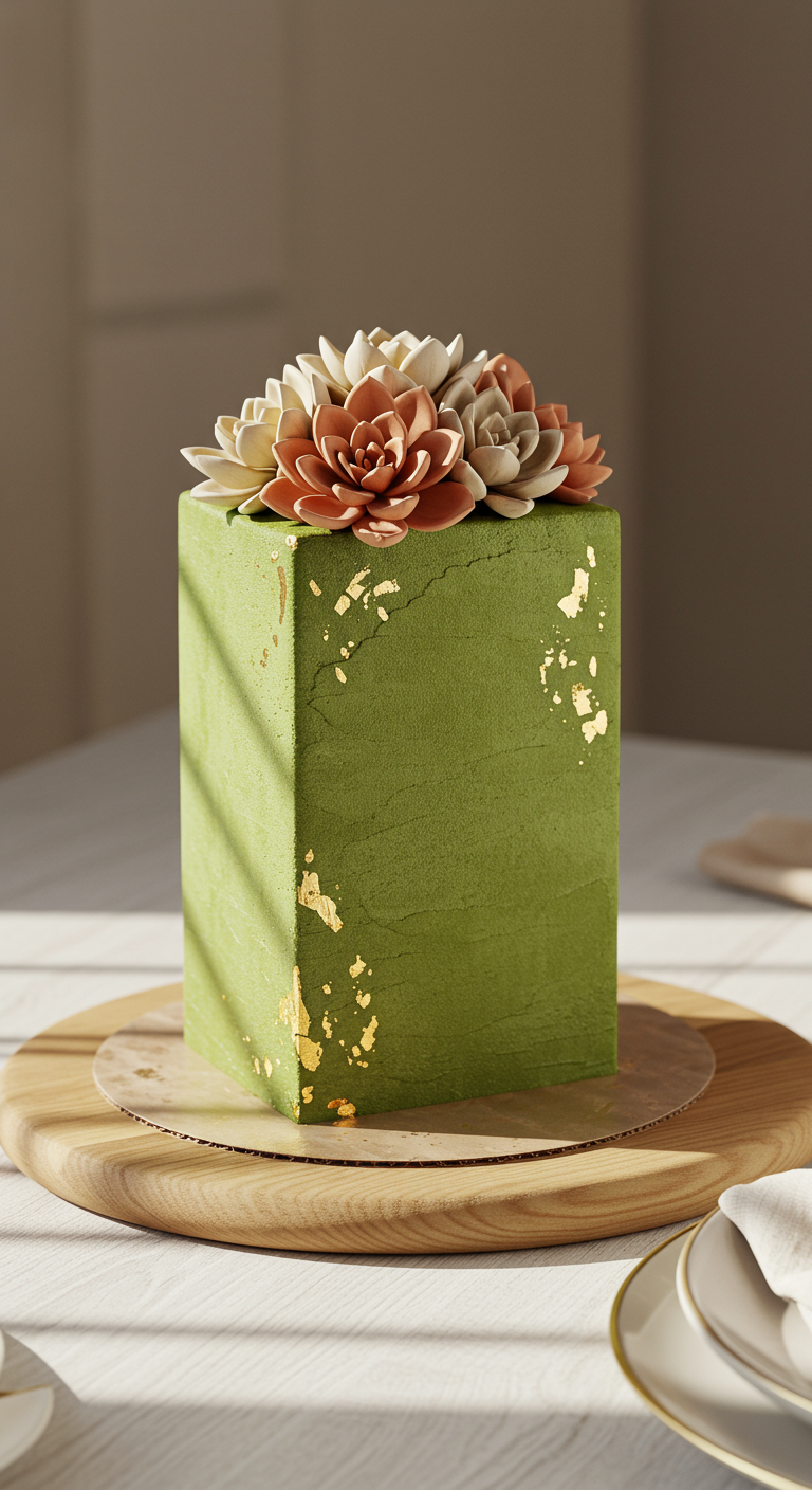 Grüne quadratische Torte mit Goldsprenkeln und Zucker-Sukkulenten.