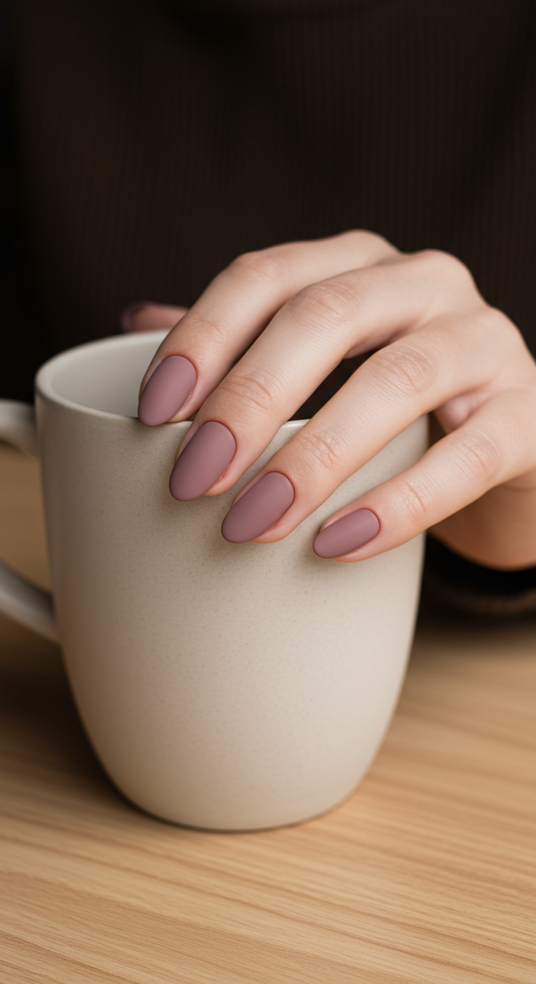 Ovale, matt-mauvefarbene Nägel, Hand hält eine Tasse.