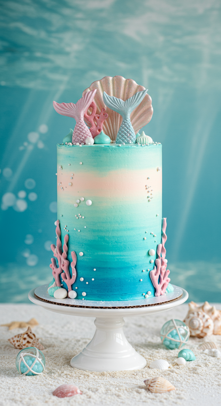 Hohe Torte in Blau- und Türkistönen mit Meerjungfrauenflossen, Korallen und Perlen verziert.