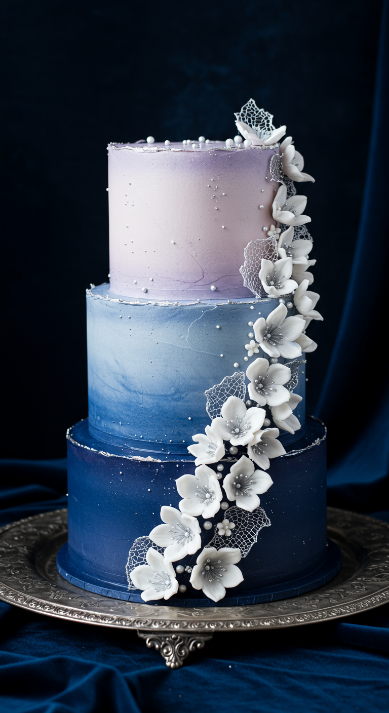 Dreistöckige Torte mit Farbverlauf von Lila zu Dunkelblau, verziert mit weißen Zuckerblüten.