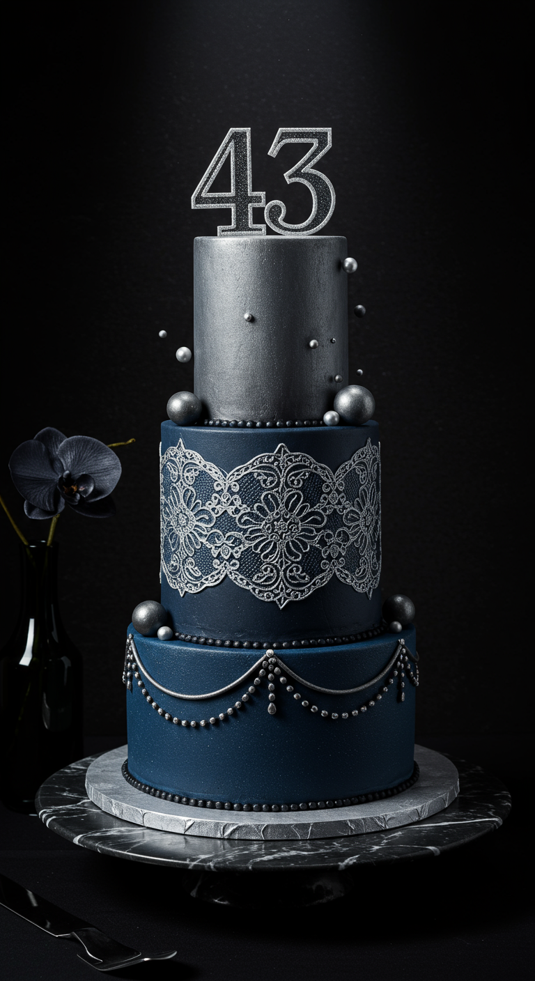 Dreistöckige dunkelblaue Torte mit Silberdekor und