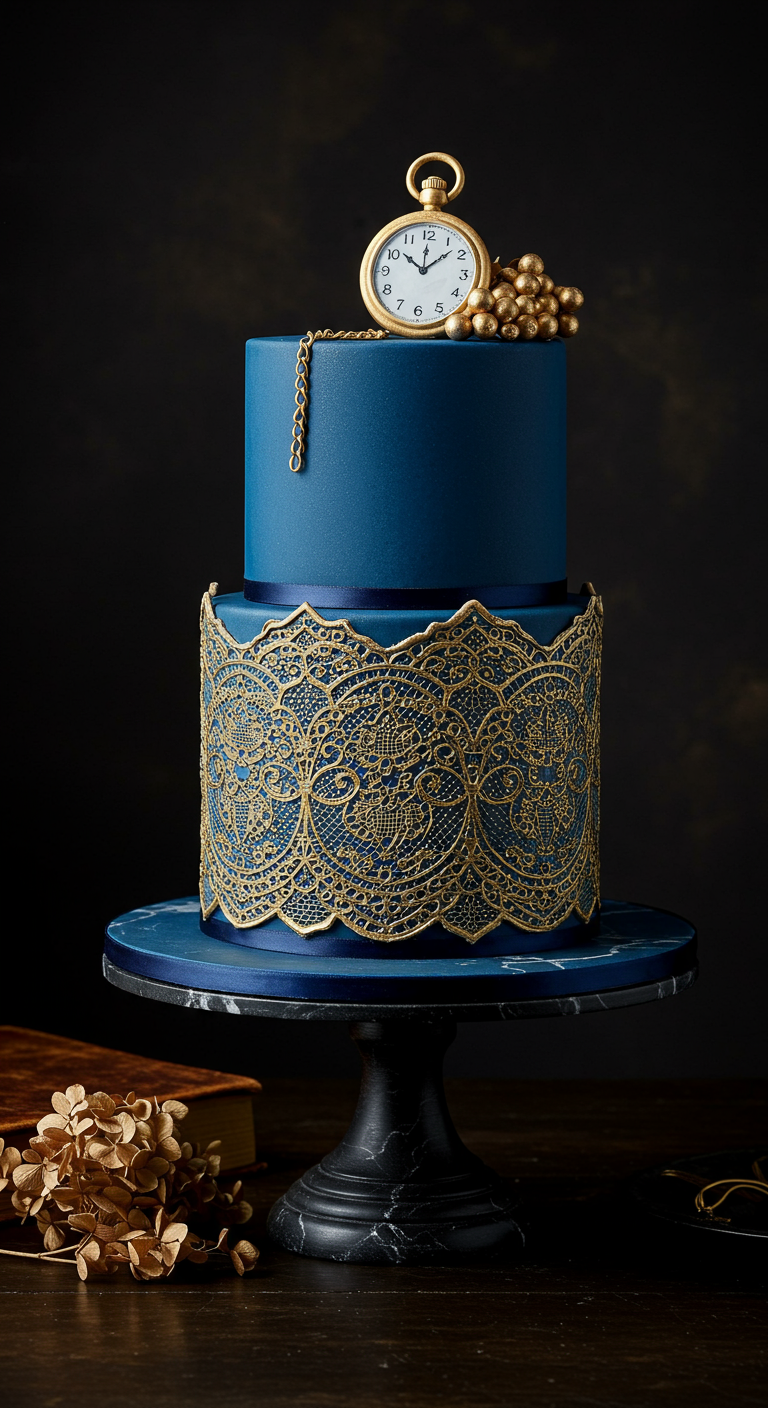 Zweistöckige dunkelblaue Torte mit goldener Spitze und Taschenuhr.