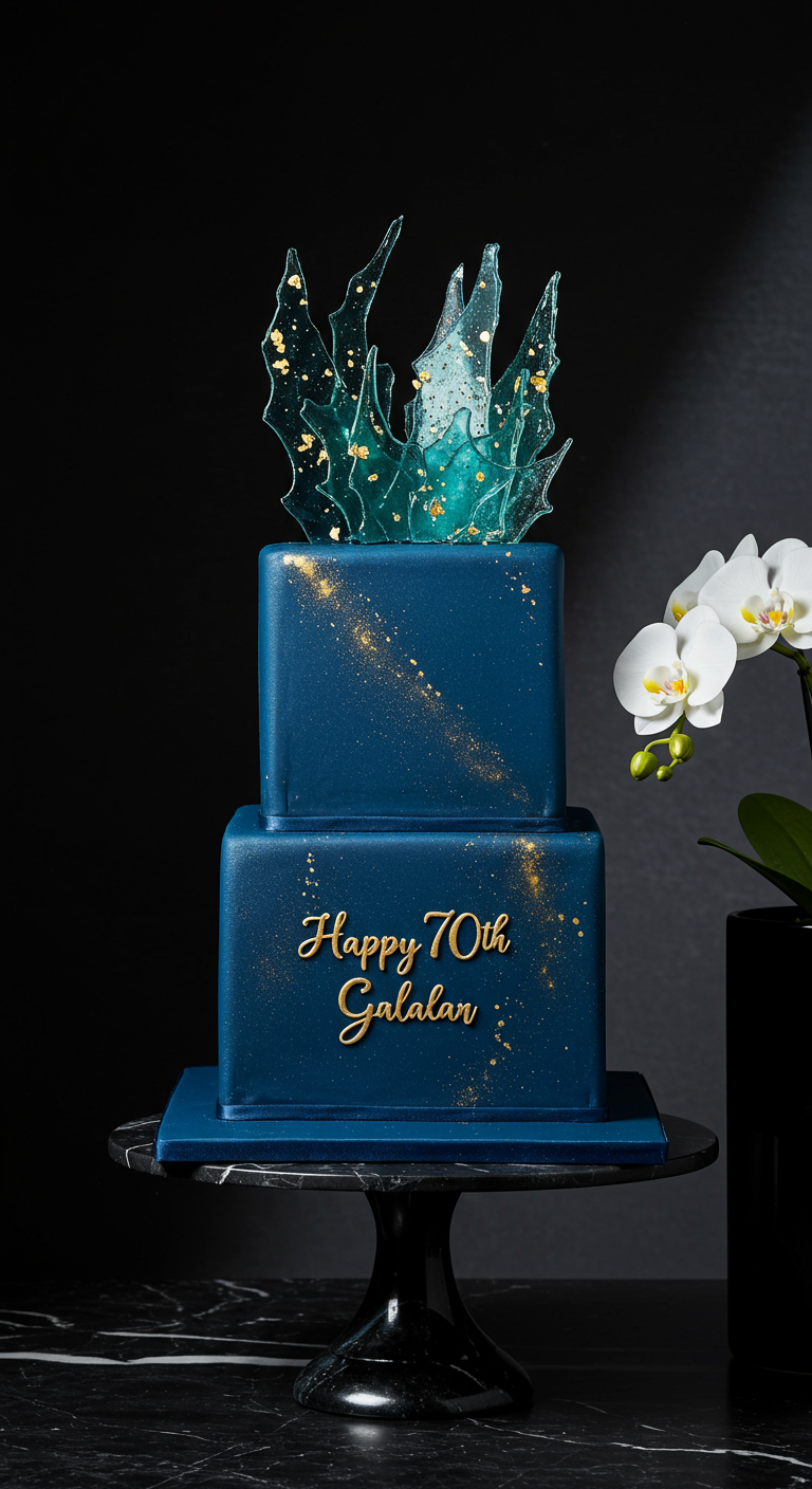 Zweistöckige, quadratische dunkelblaue Torte mit Goldsprenkeln und blauem Zuckerglas-Topper.