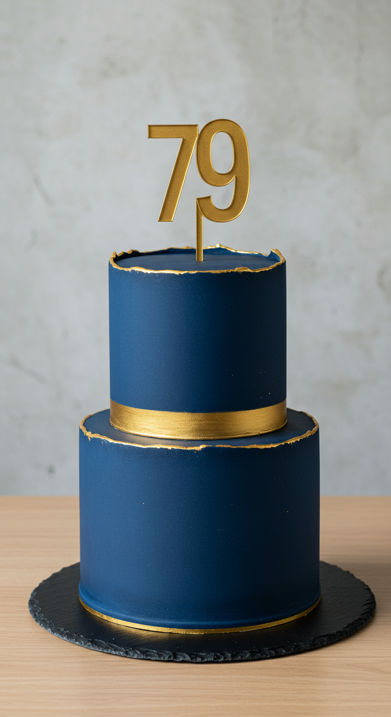 Zweistöckige dunkelblaue Torte mit goldenem Rand und einer goldenen 79 als Topper.