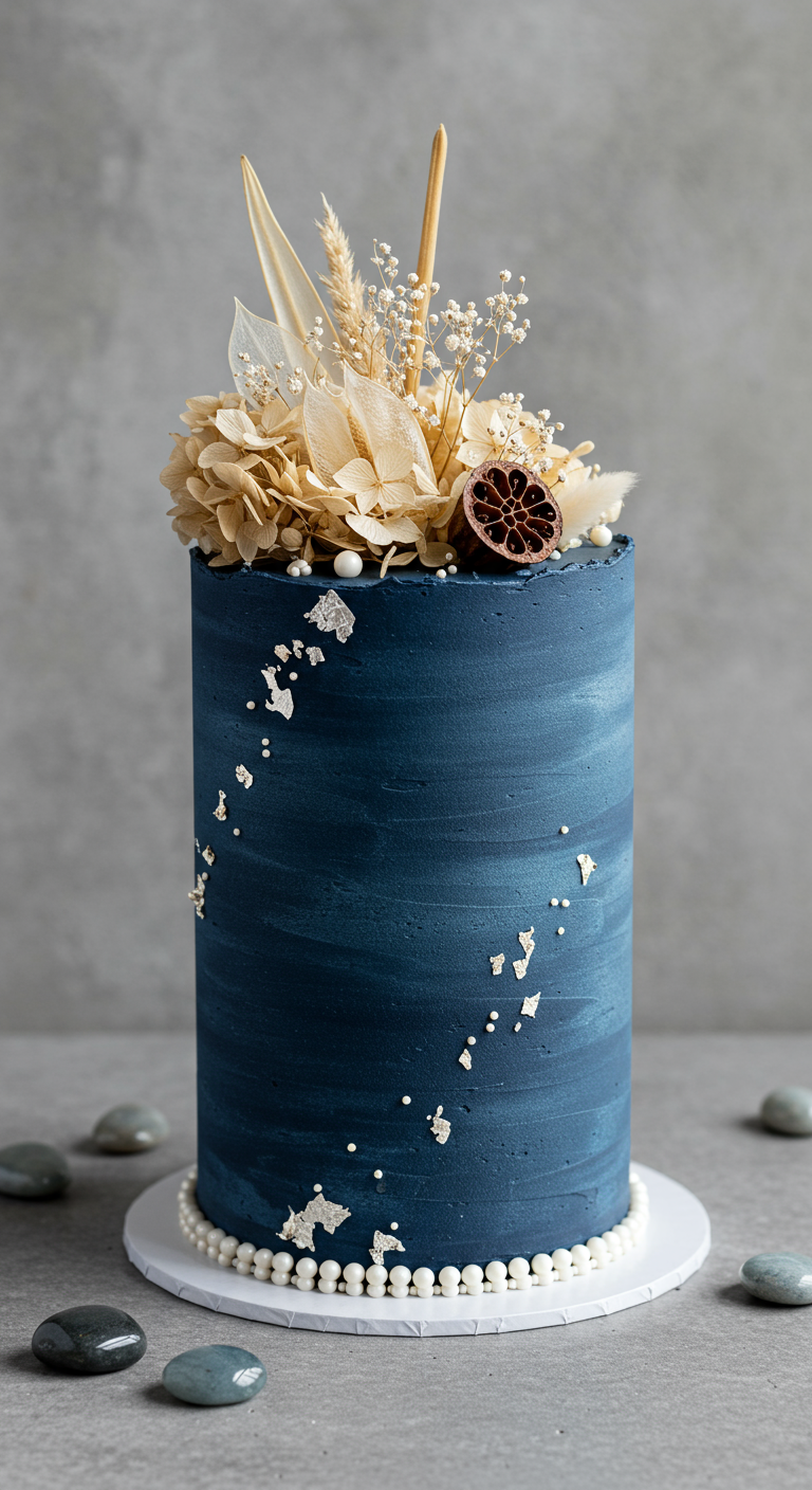Hohe, dunkelblaue Torte mit Struktur, Silberflakes und Trockenblumen.