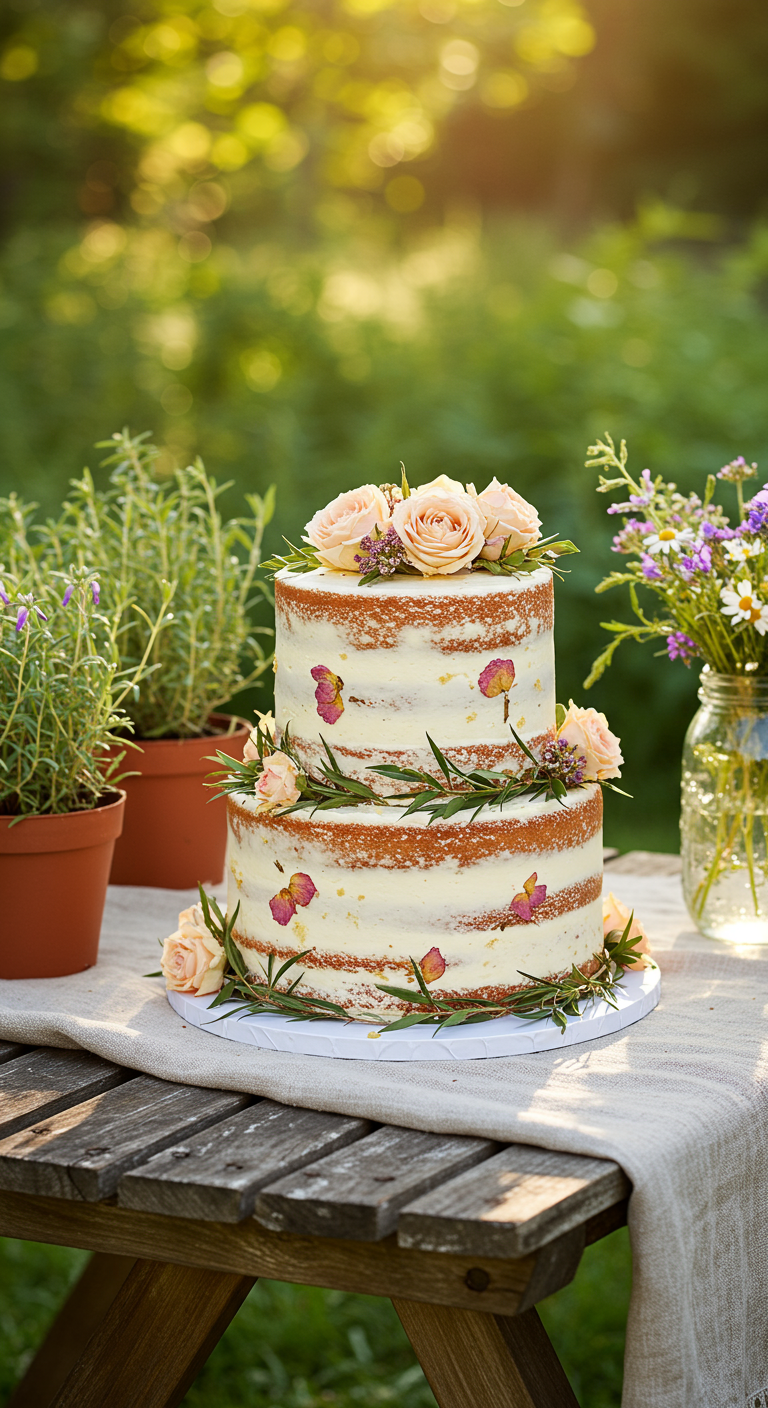 Zweistöckiger Naked Cake mit echten Rosen und Kräutern im Gartenlicht.