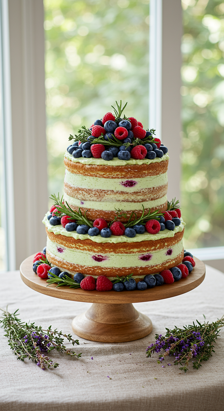 Zweistöckiger Naked Cake mit Beeren und Rosmarin dekoriert.