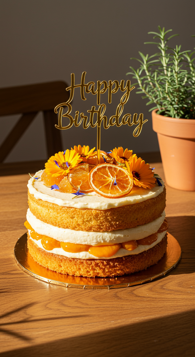 Naked Birthday Cake mit Orangenscheiben, Ringelblumen und Happy Birthday Topper.