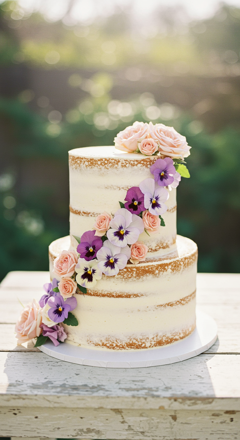 Zweistöckige Naked Cake Torte, dekoriert mit frischen Stiefmütterchen und rosa Rosen.