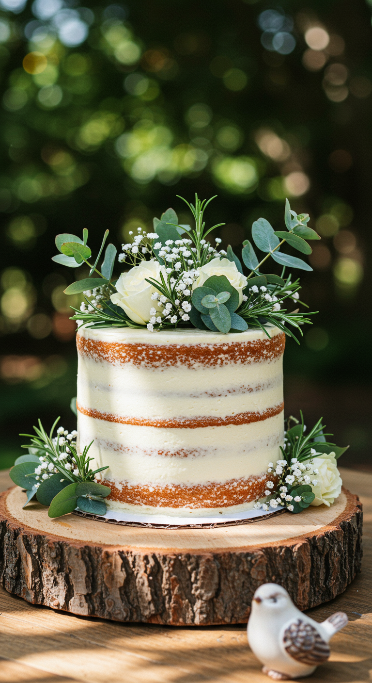 Naked Cake mit weißer Creme, weißen Rosen und Eukalyptus.