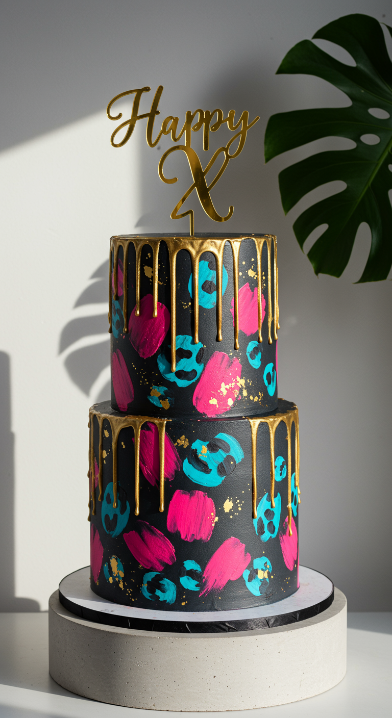 Zweistöckige schwarze Torte mit bunten Neon-Animalprints und goldenem Drip.