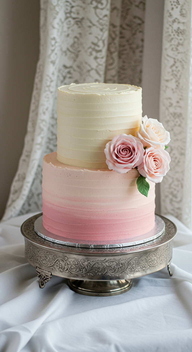 Zweistöckige Ombré-Torte in Rosa- und Weißtönen mit echten Rosen.
