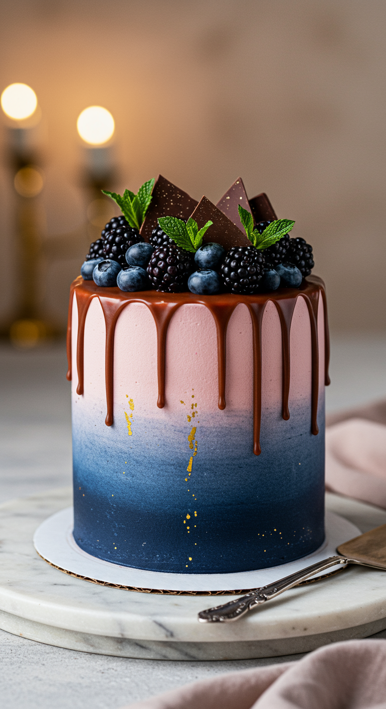 Rosa-blaue Ombré-Torte mit Schokoladen-Drip, frischen Beeren und Minzblättern.