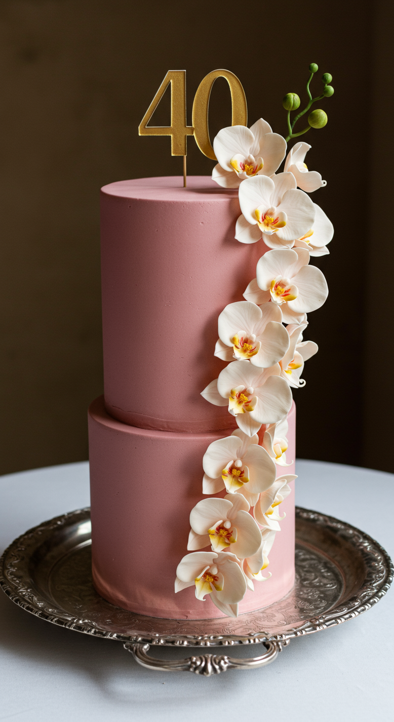 Hohe rosa Torte mit weißen Orchideen und goldener Zahl 40.