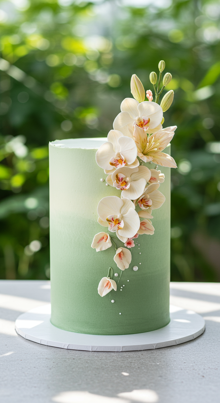 Hohe, mintgrüne Torte mit weißen Orchideenblüten und kleinen Perlen verziert.