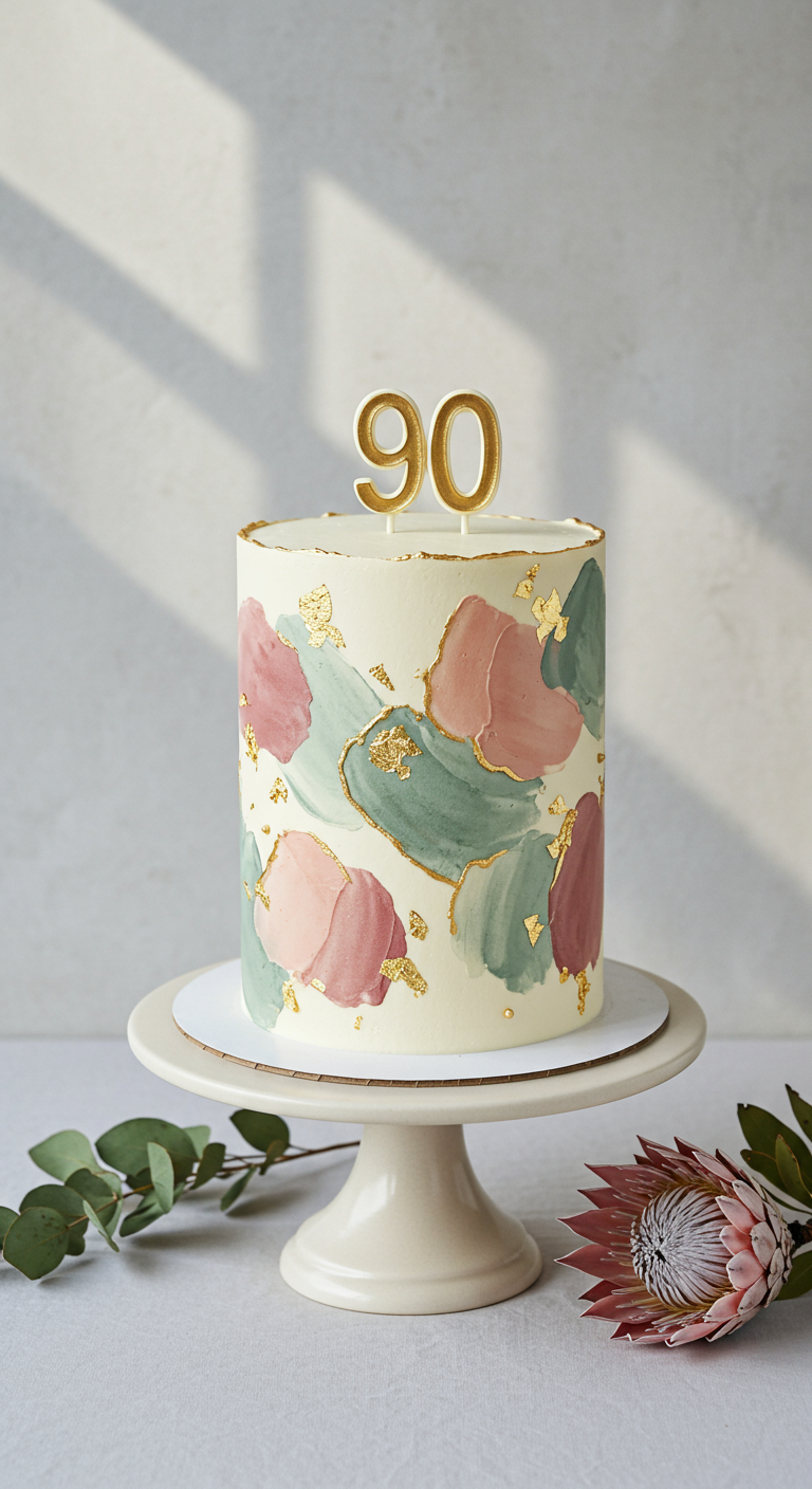 Hohe weiße Torte mit rosa-grünen Pinselstrichen und Goldakzenten für den 90. Geburtstag.