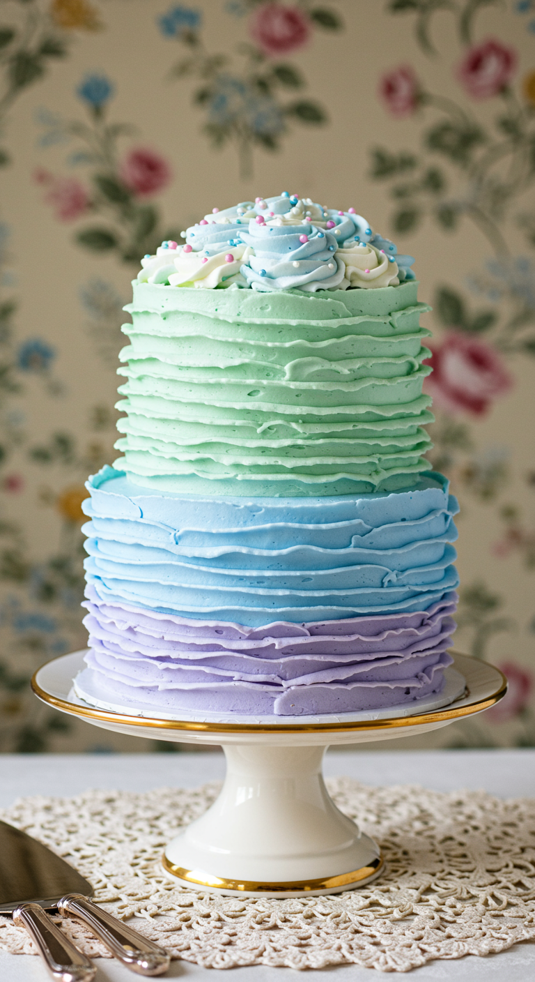 Zweistöckige Torte mit blau-grün-lila Ombré-Rüschen.
