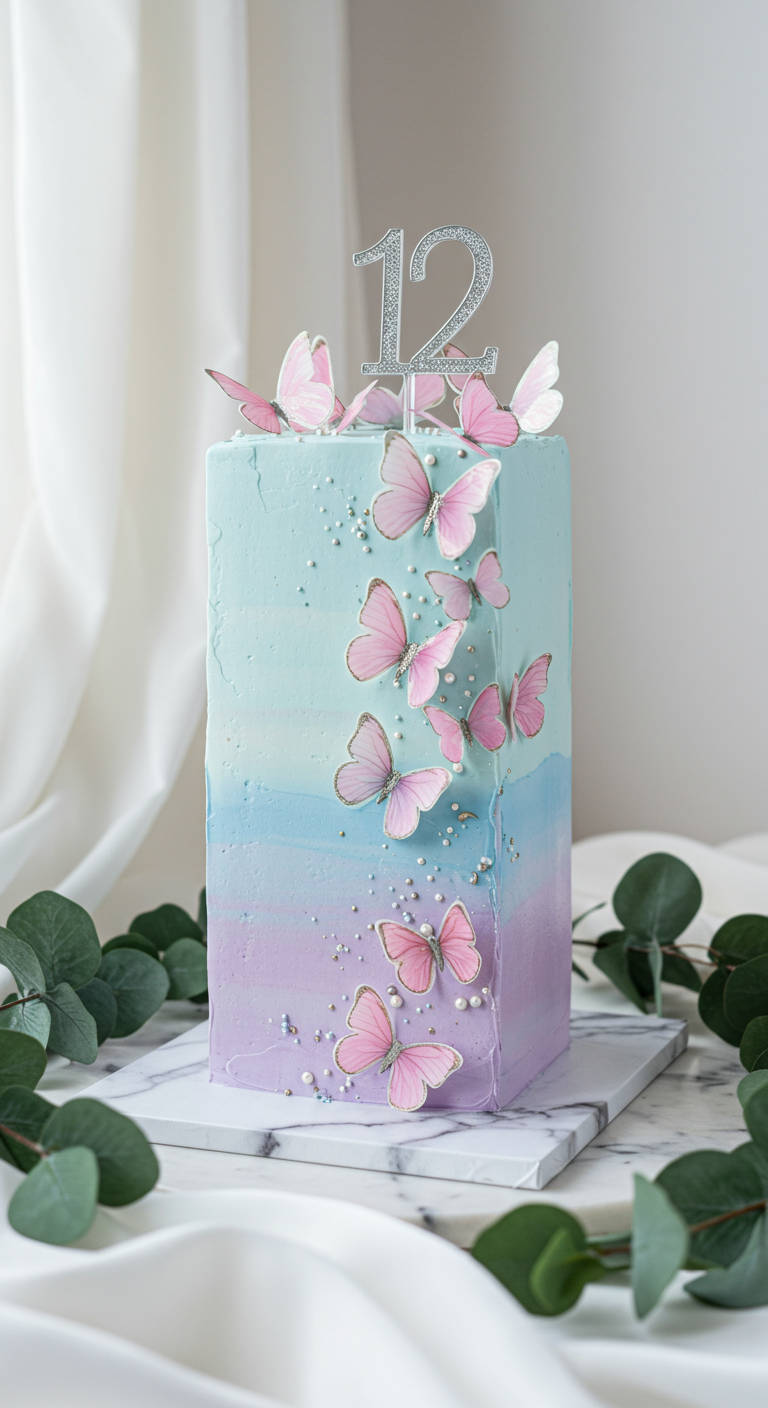Hohe, eckige Torte in Blau-Lila-Pastell mit rosa Esspapier-Schmetterlingen und Zahl 12.