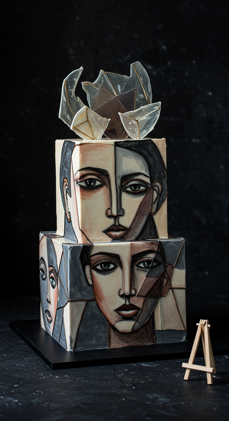 Zweistöckige, kubistische Torte mit stilisierten Gesichtern in Grau-, Braun- und Schwarztönen.