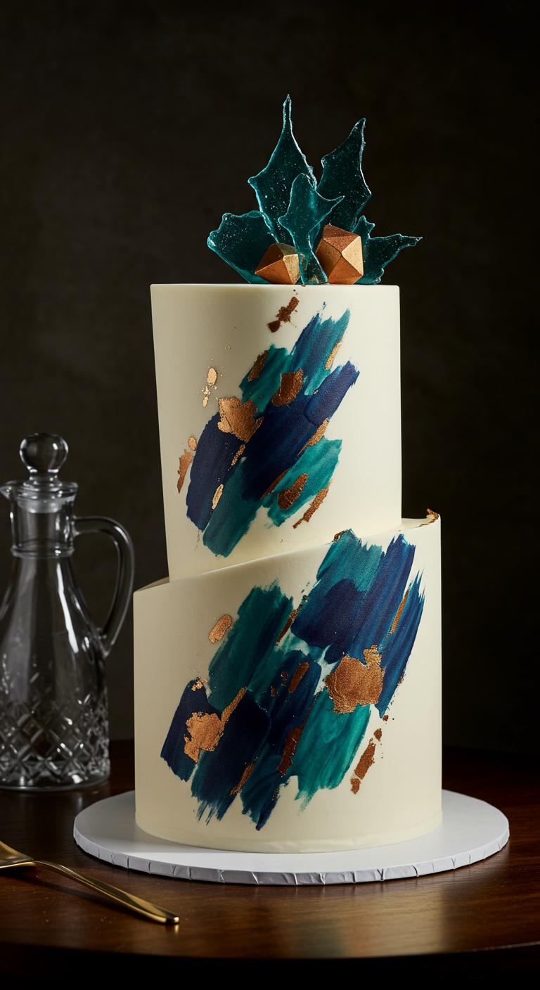 Zweistöckige weiße Torte mit blau-grünen Pinselstrichen und Goldakzenten.