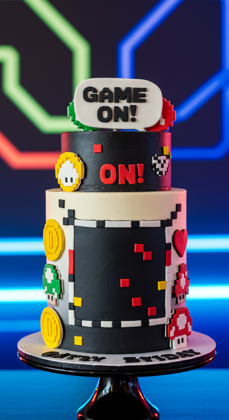 Zweistöckige Torte mit Pixel-Art-Videospiel-Motiven und Game On-Schild.